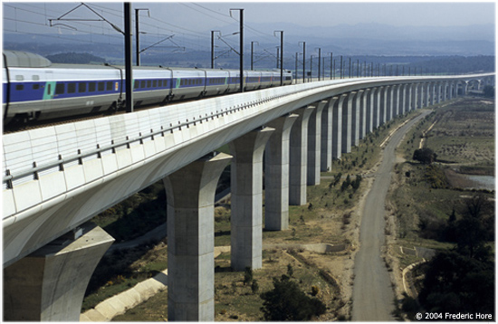 TGV train on Ventabren viaduct approaches Aix-en-Provence